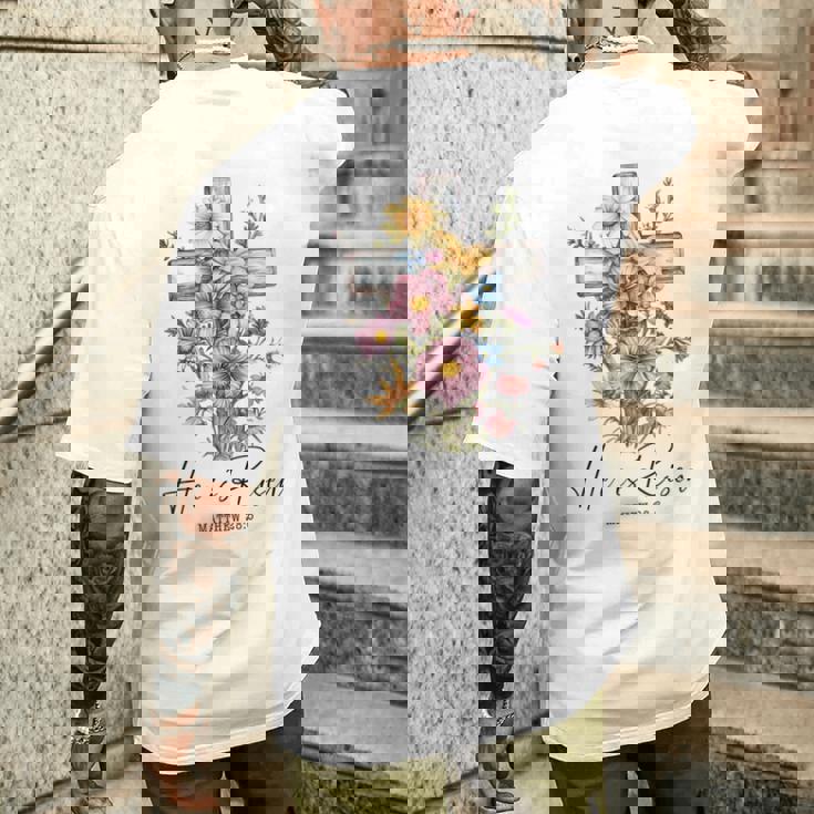 He Is Risen 花柄 十字架 春の花 イースター クリスチャ メンズTシャツ バックプリント 彼への贈り物