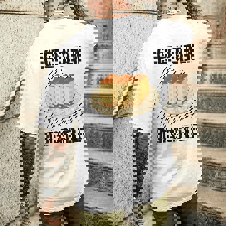 Keep Calm Eat Castella ヴィンテージ グランジ カステラ ケーキ好き メンズTシャツ バックプリント 彼への贈り物