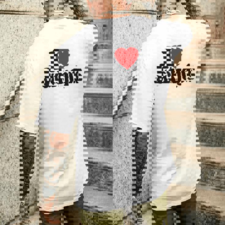 I Love Heart Jackpotslotslot Machines カジノラスベガス メンズTシャツ バックプリント 彼への贈り物