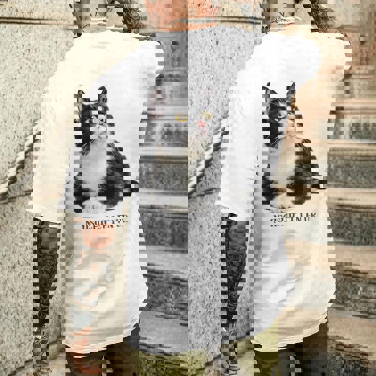 Mischief In Fur 猫写真 ハチワレ猫 黒白猫 猫好き ネタ 猫しもべ 猫飼い 猫依存症 メンズTシャツ バックプリント 彼への贈り物