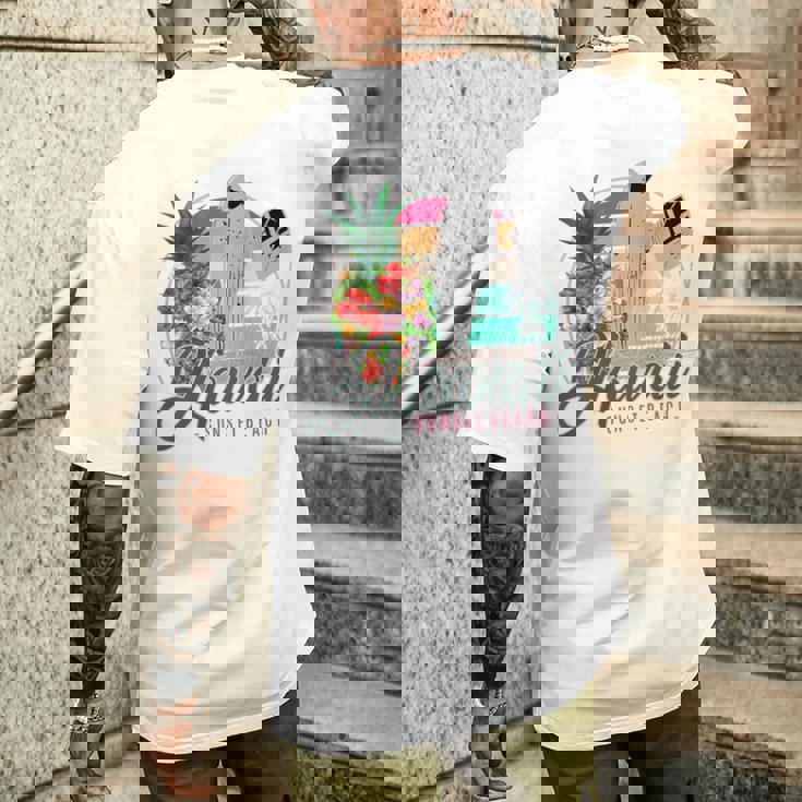 Sunset Beach Hawaii、サーフィンサーフボードレトロ、バックプリント メンズTシャツ バックプリント 彼への贈り物