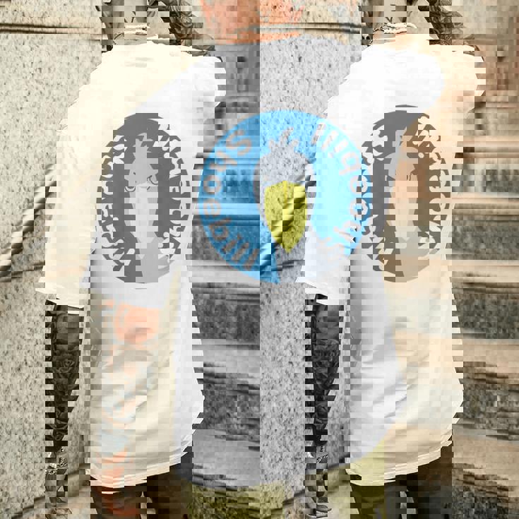 【バックプリント・背中側】ハシビロコウ『ロゴマーク』ブルー 青【どうぶつフレンズ】鳥 動物 ゆるくて かわいい イラスト メンズTシャツ バックプリント 彼への贈り物