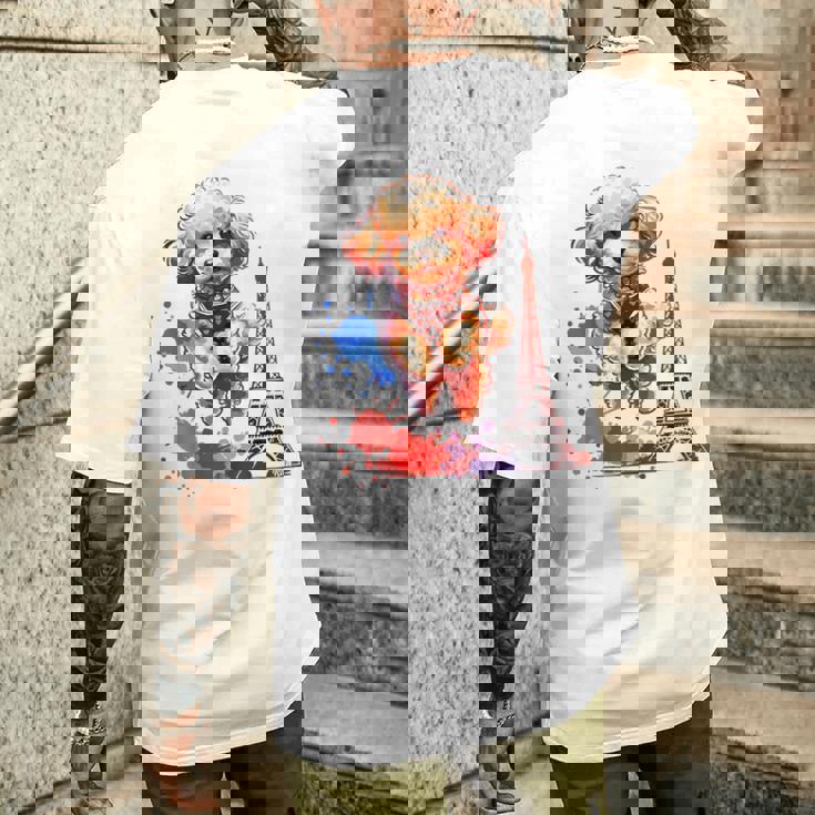 かわいい フランス パリ エッフェル塔 トイプードル パリ ジャンプ 子犬 メンズTシャツ バックプリント 彼への贈り物