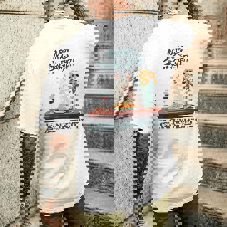 より多くのスパゲッティ、より少ないアップセッティ、イタリア料理 猫愛好家 メンズTシャツ バックプリント 彼への贈り物