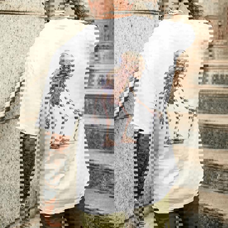 エイリアン スケルトン クリーチャー 松葉杖 スティック メンズTシャツ バックプリント 彼への贈り物