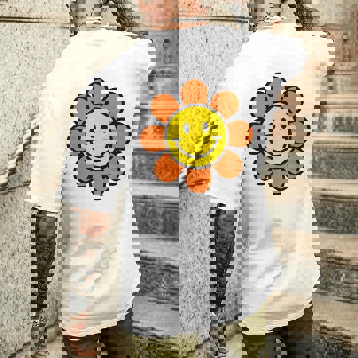 オレンジ イエロー ハッピー スマイル スマイル フェイス デイジー フラワーガール メンズTシャツ バックプリント 彼への贈り物