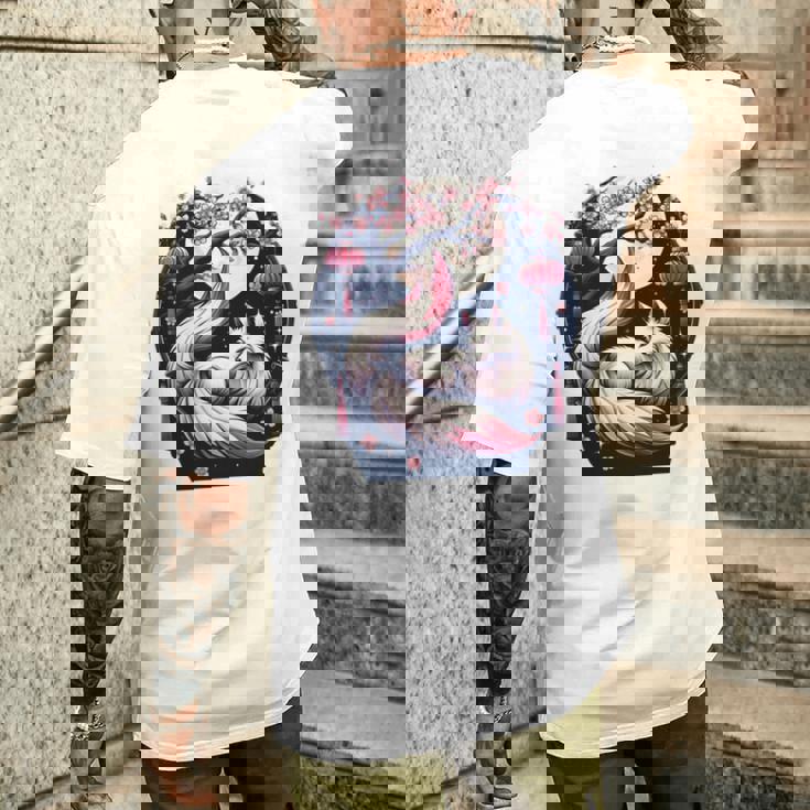 キツネ キツネ 桜 花 日本 九尾狐 長袖tシャツ メンズTシャツ バックプリント 彼への贈り物