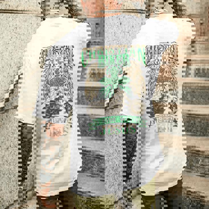 キリスト教バイカーライドウィズジーザスオートバイバックプリントデザイン メンズTシャツ バックプリント 彼への贈り物