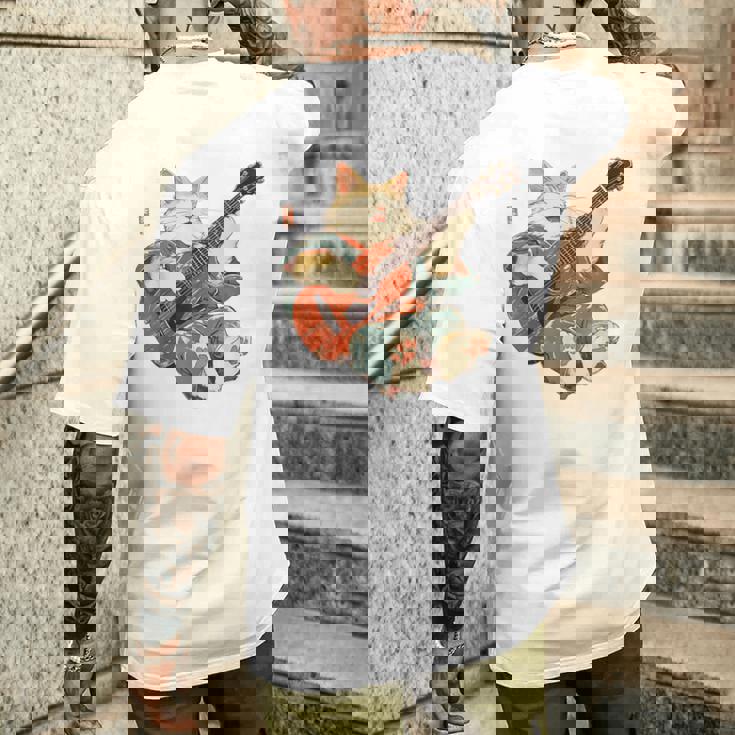 ギターを弾く日本の侍猫 忍者 浮世絵 アニメ メンズTシャツ バックプリント 彼への贈り物