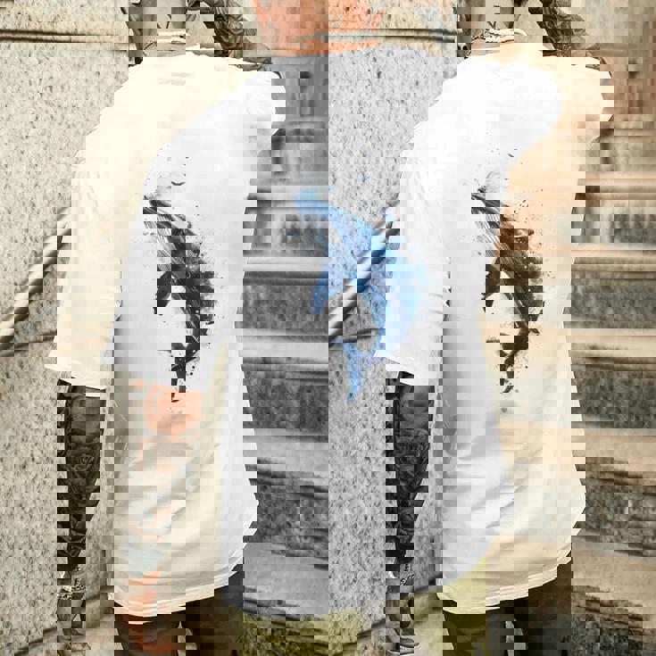 クジラ 水彩 海洋 動物 海の生物 青くじら デザイン メンズTシャツ バックプリント 彼への贈り物