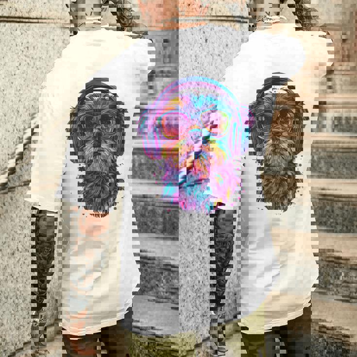 グリフォン ブリュッセロ 犬 音楽 ヘッドホン グリフォン ブリュッセル メンズTシャツ バックプリント 彼への贈り物