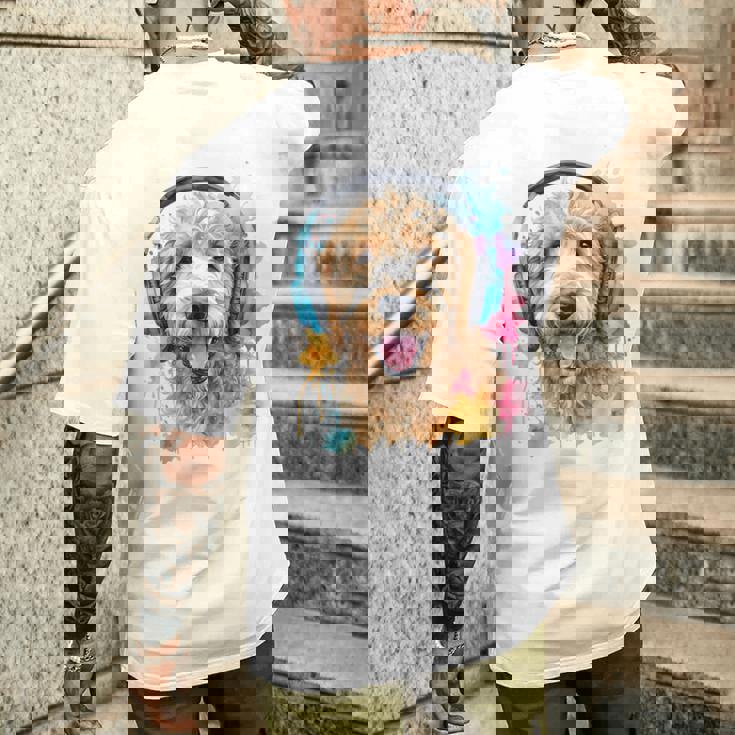 ゴールデンドゥードル、ヘッドフォン、犬、動物プリント メンズTシャツ バックプリント 彼への贈り物