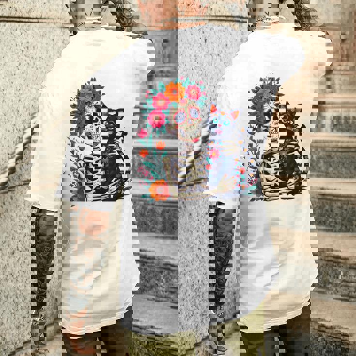 スケルトン ハグ 猫 シュガー スカル Día Los Muertos ハロウィン メンズTシャツ バックプリント 彼への贈り物