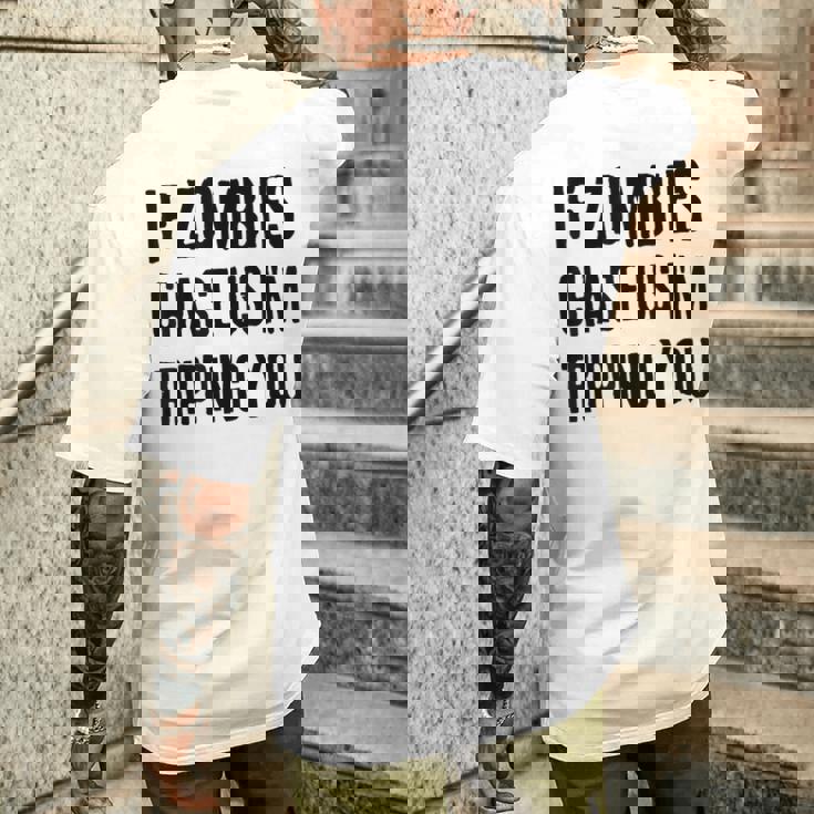 ゾンビに追われたらつまずくよおもしろいハロウィン メンズTシャツ バックプリント 彼への贈り物