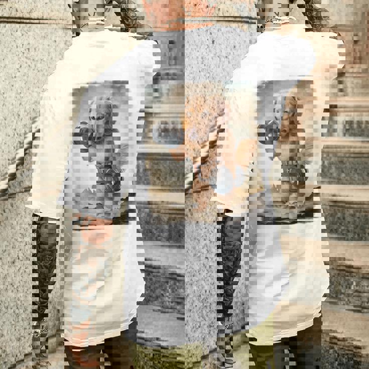 ダックスフンド 犬 筋トレ ウェイトリフティング ダンベル付き メンズTシャツ バックプリント 彼への贈り物