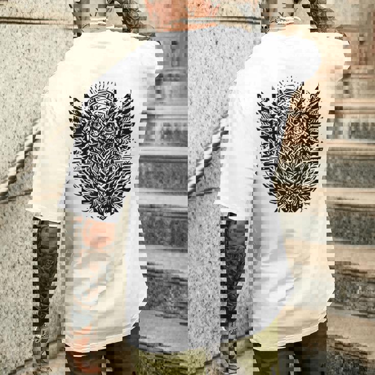 トライバル グレートフクロウ トーテム タトゥー 幾何学模様 メンズTシャツ バックプリント 彼への贈り物