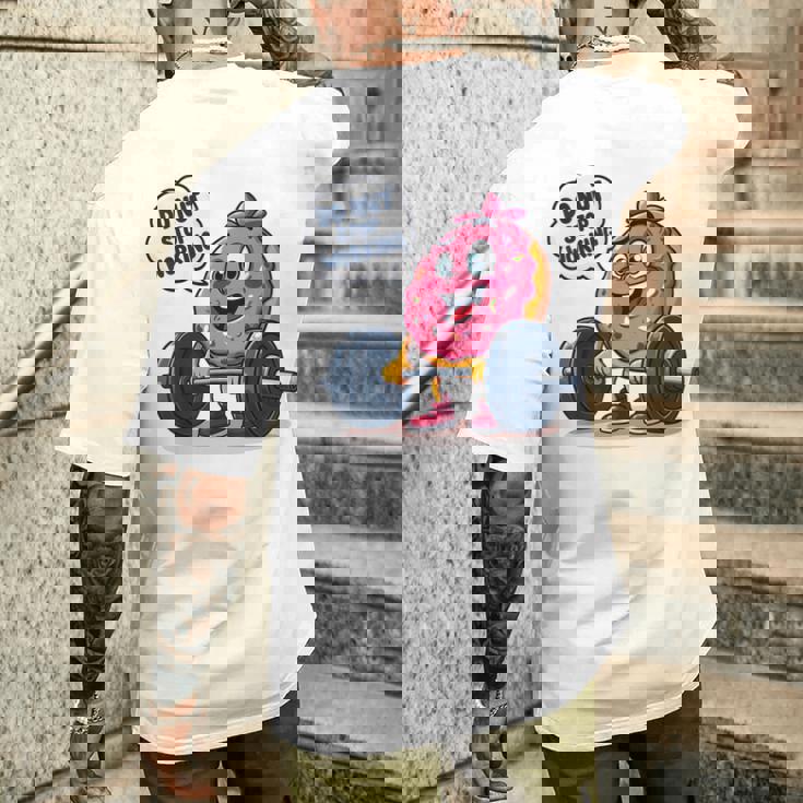 ドーナツストップワーキング ドーナツ ジム ワークアウト ウェイトリフティング 面白い メンズTシャツ バックプリント 彼への贈り物