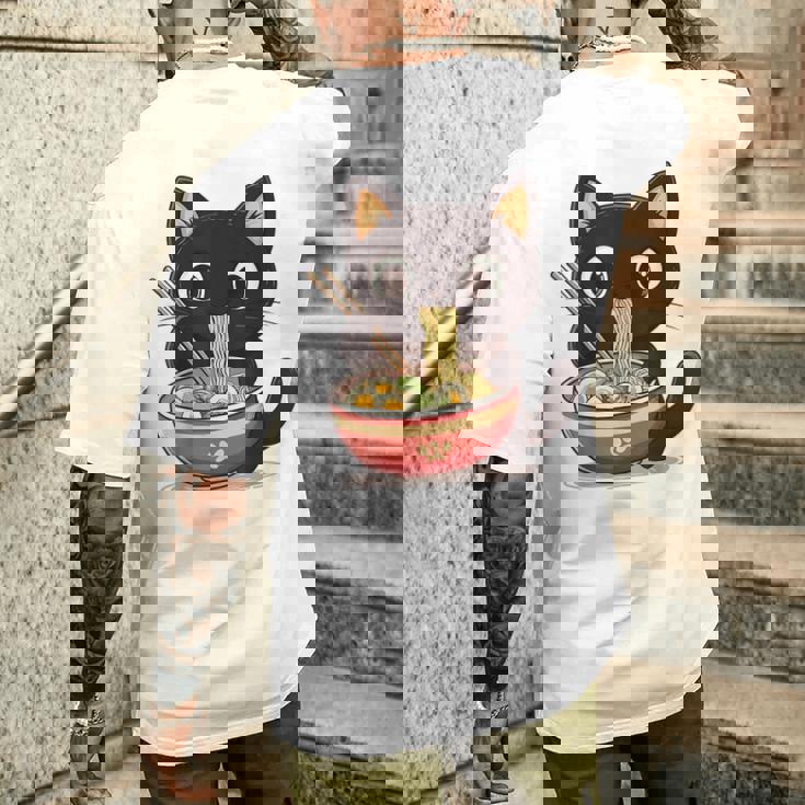 ヌードルキャット黒猫ラーメンデザイン メンズTシャツ バックプリント 彼への贈り物