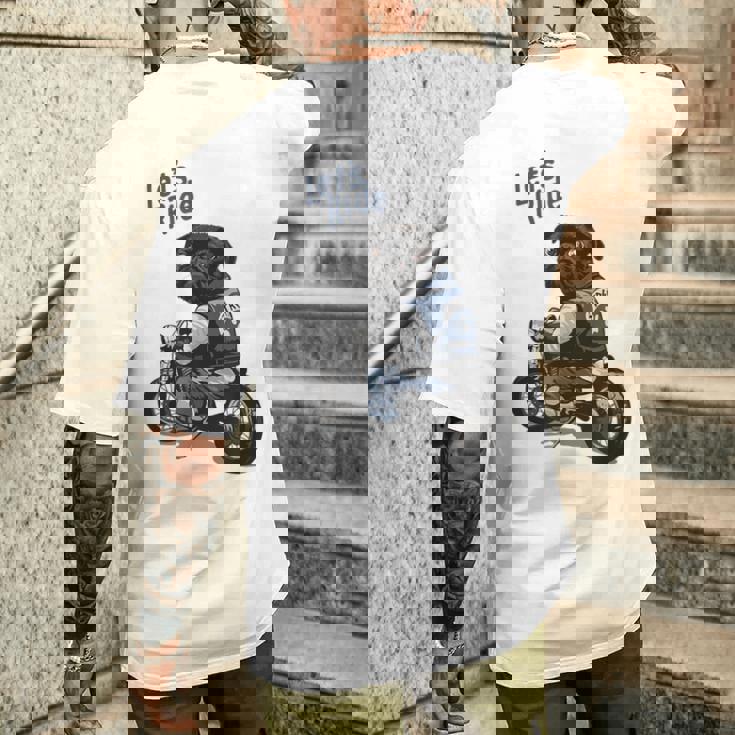 バイクに乗る面白いパグ犬レッツライド メンズTシャツ バックプリント 彼への贈り物