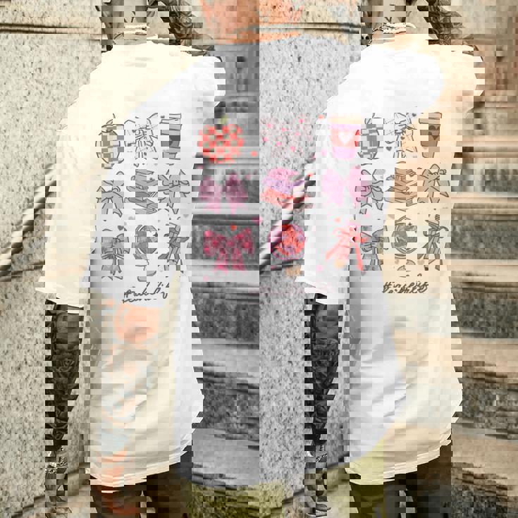 バレンタイン 教師 かわいい弓 アップル 地球儀 鉛筆 本 アート メンズTシャツ バックプリント 彼への贈り物