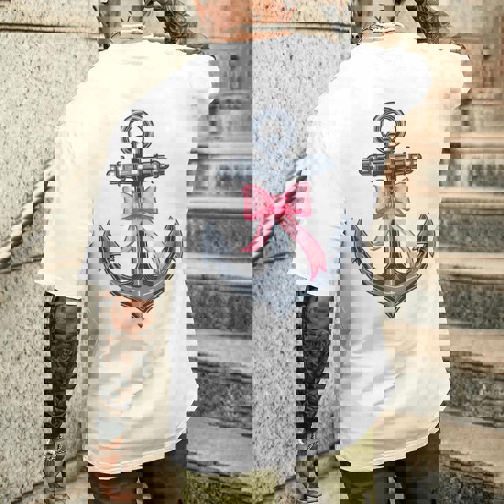 ピンクリボンボウコケット付きマリンアンカー。 メンズTシャツ バックプリント 彼への贈り物