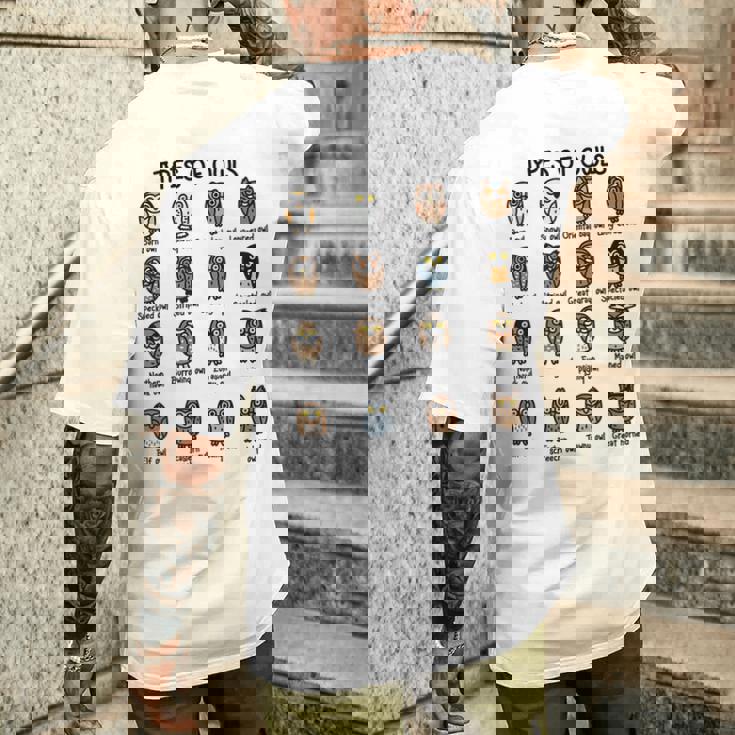 フクロウのコレクションタイプ かわいいフクロウ愛好家向け メンズTシャツ バックプリント 彼への贈り物