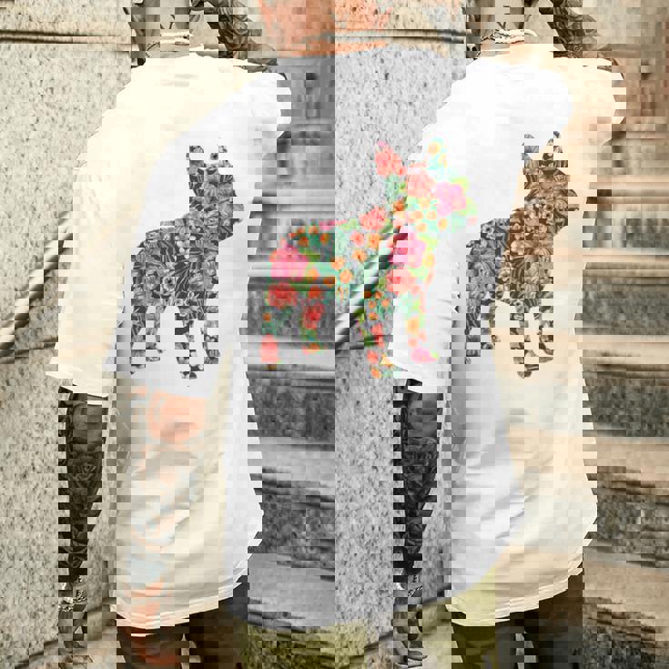 フレンチ ブルドッグ フラワー フローラル フレンチ ドッグ シルエット 犬 ペット メンズTシャツ バックプリント 彼への贈り物