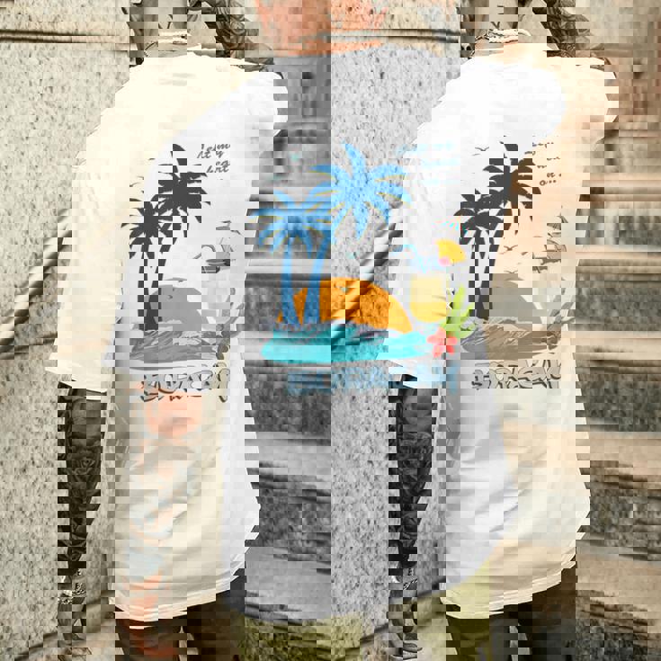 ボラカイ島 ヤシの木 日没 花 フィリピン ビーチ カクテル パラワン島 東南アジア 海鳥 島 贈り物 海 お土産 セブ メンズTシャツ バックプリント 彼への贈り物