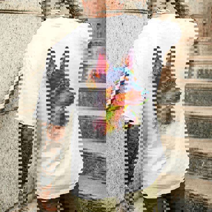 ミニチュア ピンシャー 犬 ペット アート カラフル ミニチュア ピンシャー メンズTシャツ バックプリント 彼への贈り物