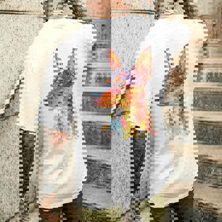 ミニチュア ピンシャー 犬 ペット カラフル ミニチュア ピンシャー メンズTシャツ バックプリント 彼への贈り物