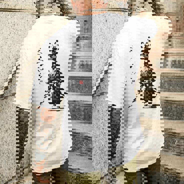 ミニチュアピンシャー 侍戦士 日本の浮世絵 アートドッグ メンズTシャツ バックプリント 彼への贈り物