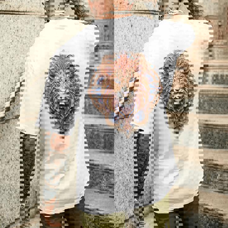 ライオン 動物 彫刻 動物園 抽象芸術 絵画 ライオン メンズTシャツ バックプリント 彼への贈り物