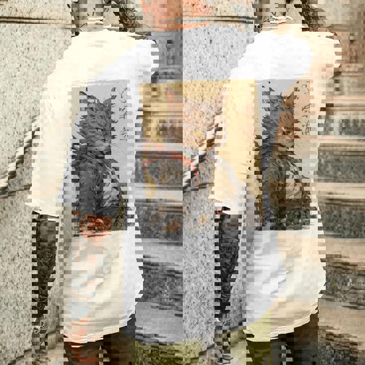 ヴィンテージ 日本の風景 侍 猫 漢字 Art Back メンズTシャツ バックプリント 彼への贈り物