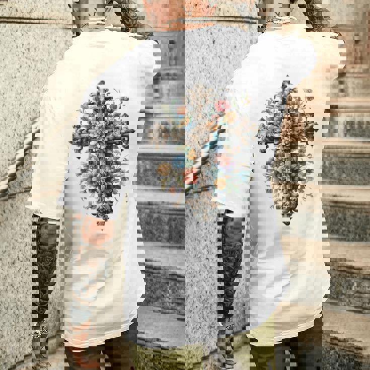 十字架 スピリチュアル キリスト 花 イエス 信仰 十字架 十字架 長袖tシャツ メンズTシャツ バックプリント 彼への贈り物