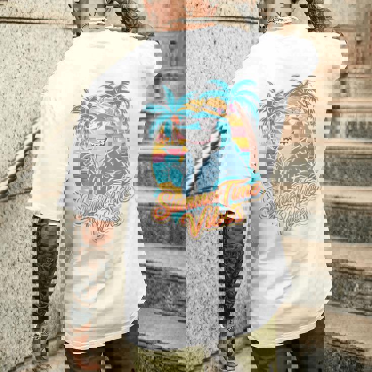 夏休み サメ ビーチ トロピカル サンセット ヤシの木 長袖tシャツ メンズTシャツ バックプリント 彼への贈り物