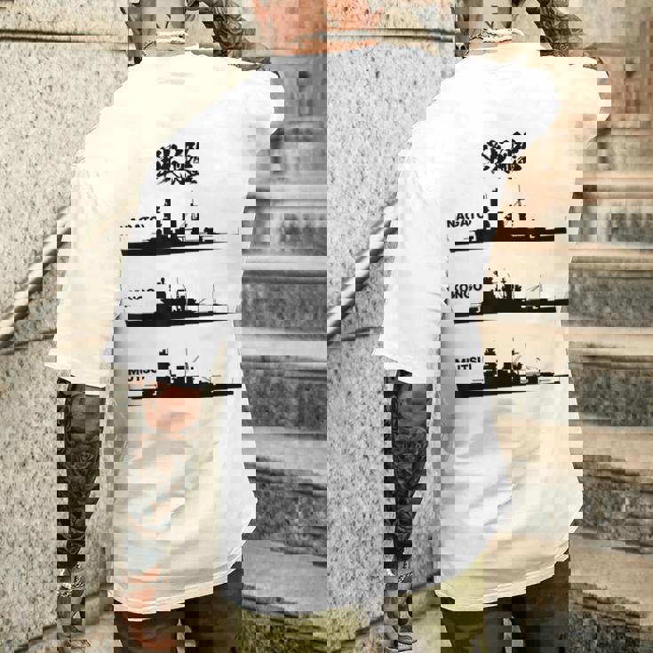 戦艦【長門 金剛 陸奥】軍艦 シルエット 日本 大日本帝国 海軍 帝国海軍 船 面白い ネタ 文字入り ウケ狙い メンズTシャツ バックプリント 彼への贈り物