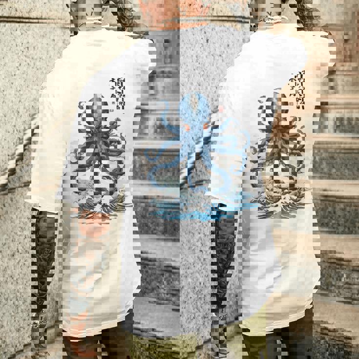 日本のタコ浮世絵 海の美 木版画 メンズTシャツ バックプリント 彼への贈り物