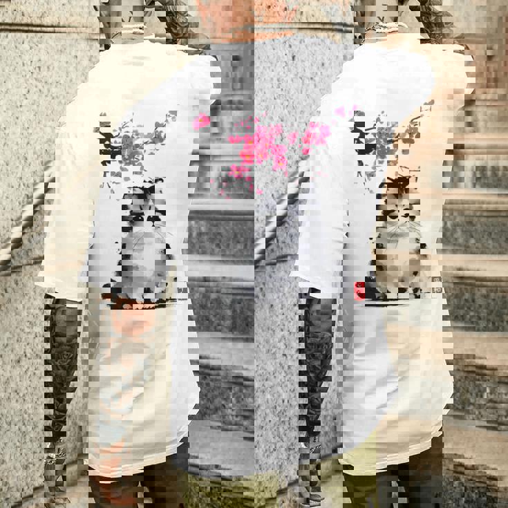 日本の墨絵マンチキン猫 桜 桜アート メンズTシャツ バックプリント 彼への贈り物