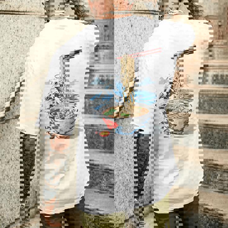 日本の麺スープ ラーメン 浮世絵 日本波 ヴィンテージ メンズTシャツ バックプリント 彼への贈り物