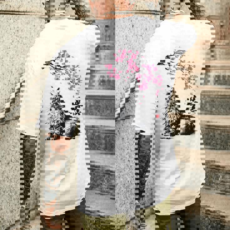 日本美術 メインクーン 猫 桜 桜 メンズTシャツ バックプリント 彼への贈り物