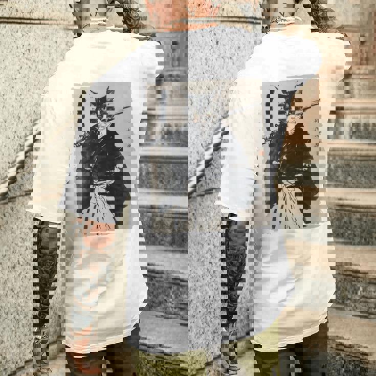 日本美術 猫 忍者 浮世絵 アニメ風 侍猫 長袖tシャツ メンズTシャツ バックプリント 彼への贈り物