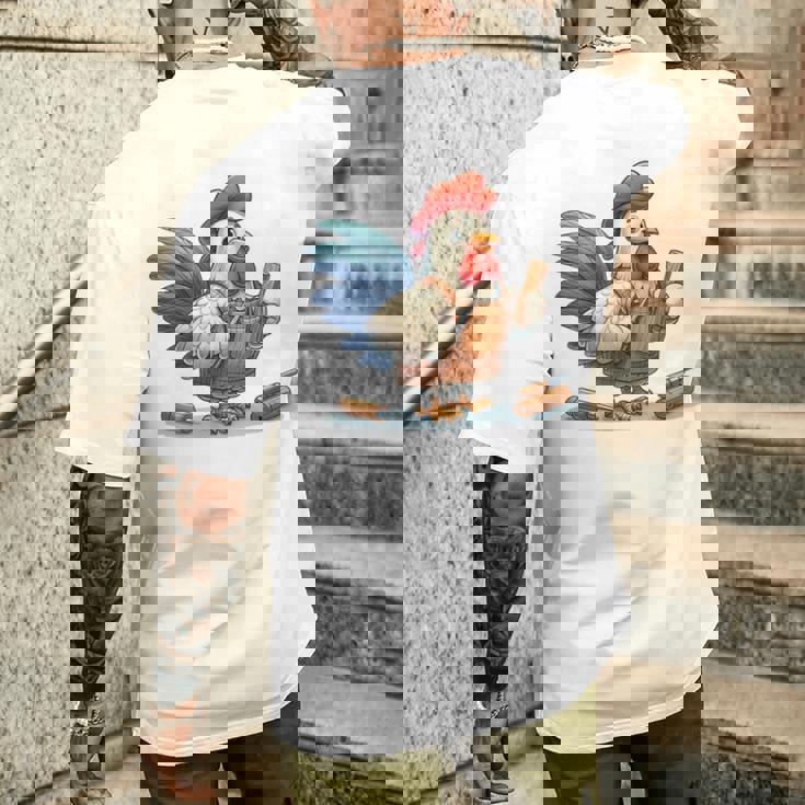 木彫りの鶏、かわいいデザイン メンズTシャツ バックプリント 彼への贈り物