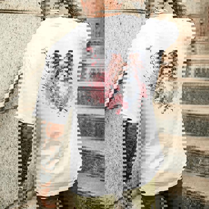 桜 水彩パピヨン メンズTシャツ バックプリント 彼への贈り物