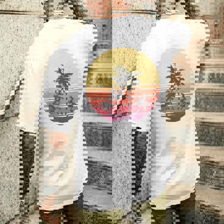 涼しい 夏休み メンズ レディース サンセット ビーチ ヤシの木 メンズTシャツ バックプリント 彼への贈り物