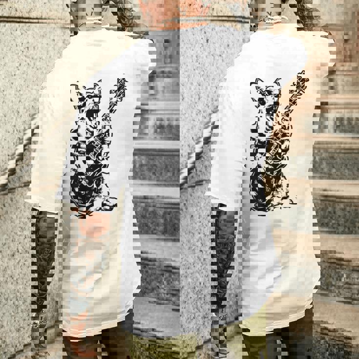 犬 ギタリスト ギター ペンブローク ウェールズ コーギー パパ ママ メンズTシャツ バックプリント 彼への贈り物