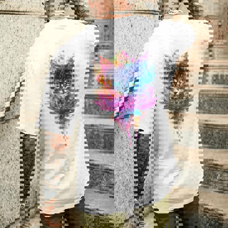 猫 花 カラフル かわいい アート 動物好き グラフィック 猫 メンズTシャツ バックプリント 彼への贈り物