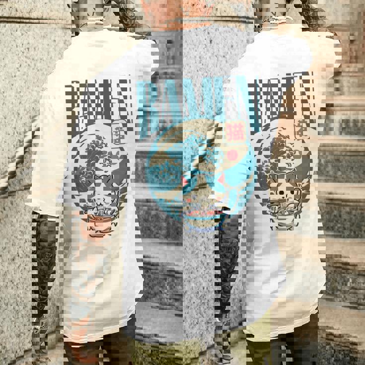 猫食べるラーメン キッズ&大人、日本の神奈川波ラーメン メンズTシャツ バックプリント 彼への贈り物