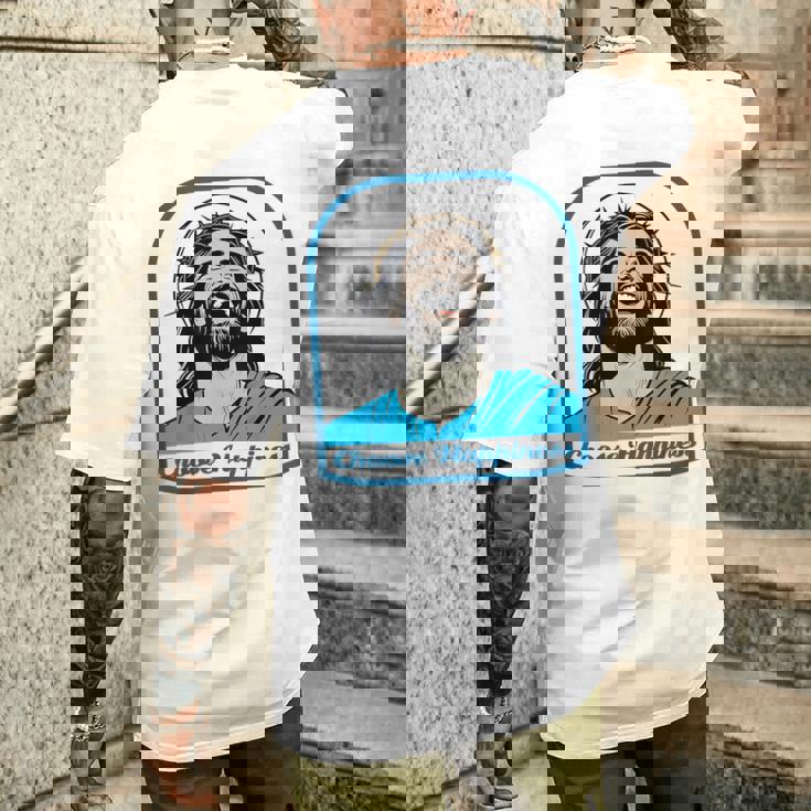 笑うイエス キリスト 喜び 幸せな笑顔 自信 いばらの冠 満足感 クリスマスプレゼント 贈り物 お土産 ポジティブ メンズTシャツ バックプリント 彼への贈り物