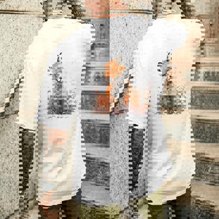 笑顔 水彩 キツネ 森林 動物 メンズTシャツ バックプリント 彼への贈り物