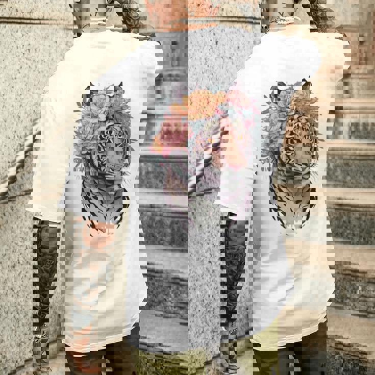 花柄 水彩 虎 花 王冠 虎好き メンズTシャツ バックプリント 彼への贈り物